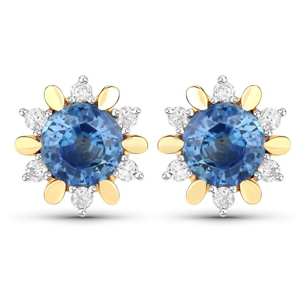 Blue Sapphire and Sunburst Diamond Halo Earrings