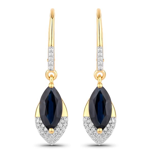 Navette Blue Sapphire & Diamond Dangling Earrings