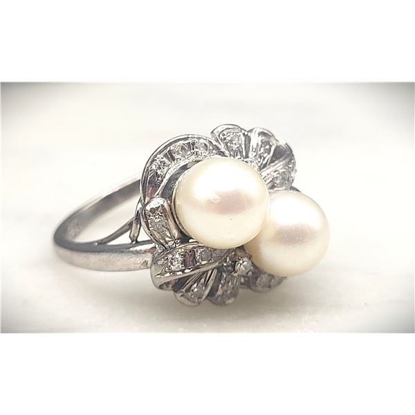 Vintage Art-Deco Twin Pearl & Diamond Bypass Ring