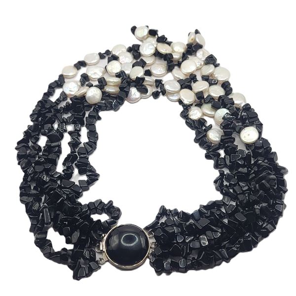 Multi-Strand Onyx and Coin Pearl Necklace .925