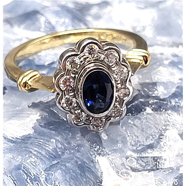 Stunning Blue Sapphire and Diamond Scalloped Halo Ring