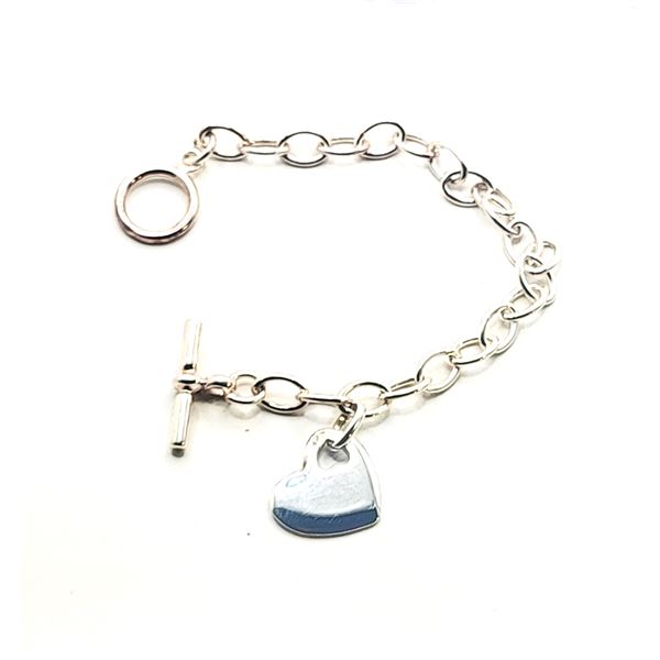 Sterling Silver Toggle Bracelet with Heart Dangle Tag