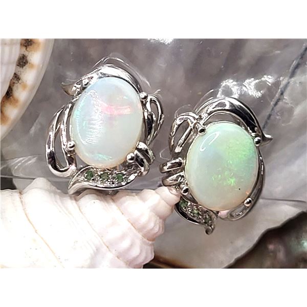 Genuine Opal & Tsavorite Garnet Omega Earrings