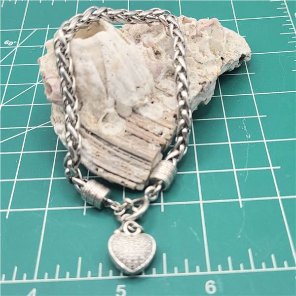 Sterling Silver Toggle Bracelet with Dangling Pave' Diamond Heart