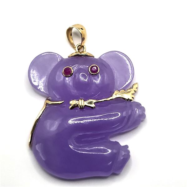 Lavender Jade Koala Bear Pendant with Ruby Eyes