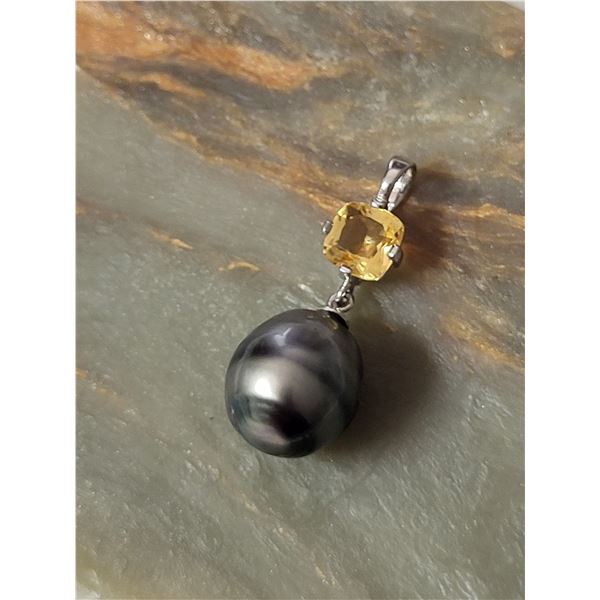 Tahitian Pearl and Cushion-Cut Citrine Pendant