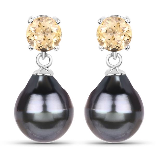 Dark Gray Tahitian Pearl and Citrine Earrings .925