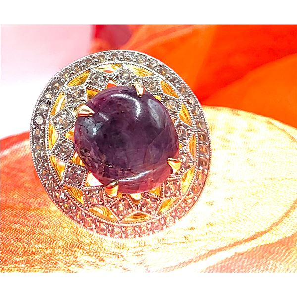 Star Ruby Ring with Double White Sapphire Halo