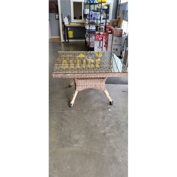 NEW RATANA 48 X 48 OUTDOOR PATIO TABLE WITH TEMPERED GLASS TOP, RETAIL $599 USD