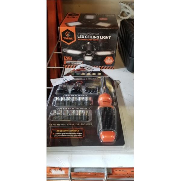 NEW LED 3-WING CEILING LIGHT, AND 29PC SOCKET AND BIT DRIVER SET