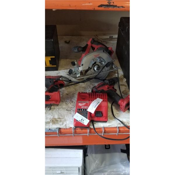 3 MILWAUKEE CORDLESS POWER TOOLS DRILL DRIVER, IMPACT DRIVER AND CIRCULAR SAW WITH CHARGER NO BATTER