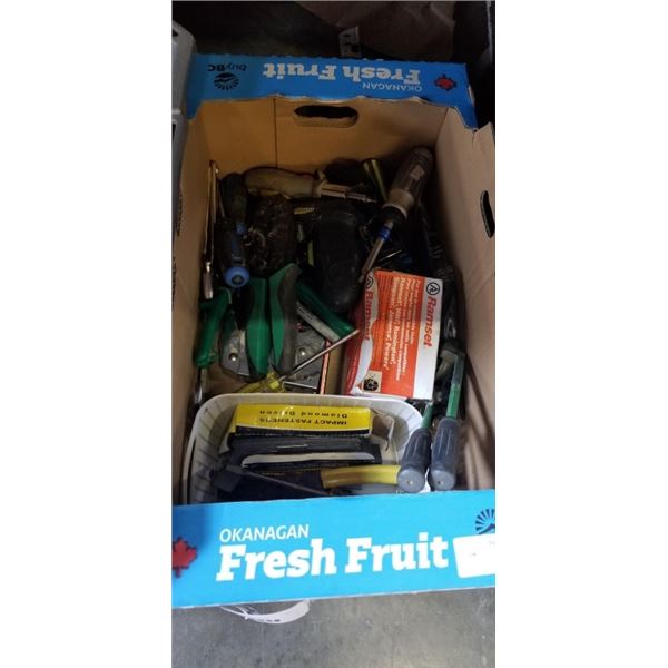 BOX OF HAND TOOLS INCLUDING CRIMPERS, TUBE BENDER, SCREWDRIVERS ETC.
