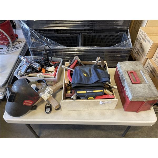 ASSORTED TOOLS AND SHOP SUPPLIES, TOOL BOX OF HARDWARE ETC