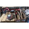 Image 1 : BOX OF HAMMERS, PRY BARS, TAPE MEASURE WITH GRINGING WHEELS AND DISCS