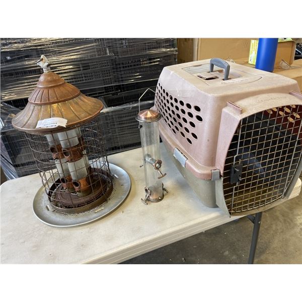 PET MADE PET CARRIER AND TWO BIRD FEEDERS