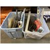 Image 1 : TWO TOTES OF VARIOUS DRYWALL TOOLS AND MORE