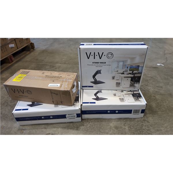 3 VIVO SINGLE ARM PNEUMATIC DESK STANDS AND SINGLE MONITOR MOUNT