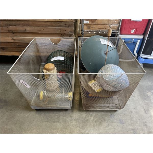 TWO METAL BASKETS OF PET SUPPLIES CHARCOAL AND MORE