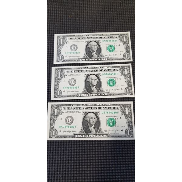 3 UNCIRCULATED US DOLLAR BILLS CONSECUTIVE SERIAL NUMBERS OHIO SERIES