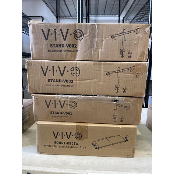 2 VIVO DUAL MONITOR DESK MOUNTS, SINGLE MONITOR DESK MOUNT, AND KEYBAORD TRAY