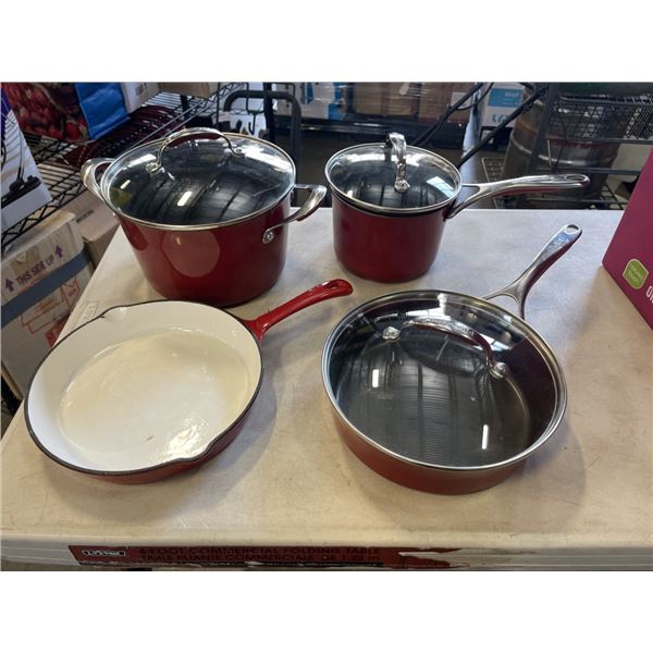 THREE NEW KITCHENAID POTS WITH LIDS AND CAST IRONSKILLET