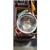 Image 1 : BOX OF WATER BOTTLES, METAL STRAINER AND MORE