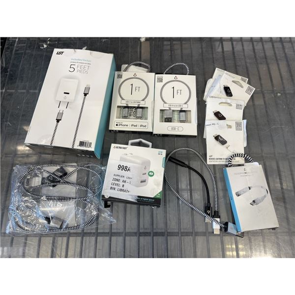 ASSORTED LBT USB-C AND IPHONE LIGHTNING CHARGE AND POWER CORDS, ADAPTERS ETC
