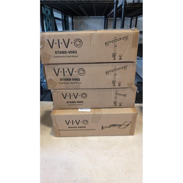 2 VIVO DUAL MONITOR DESK MOUNTS, SINGLE MONITOR DESK MOUNT, AND KEYBAORD TRAY