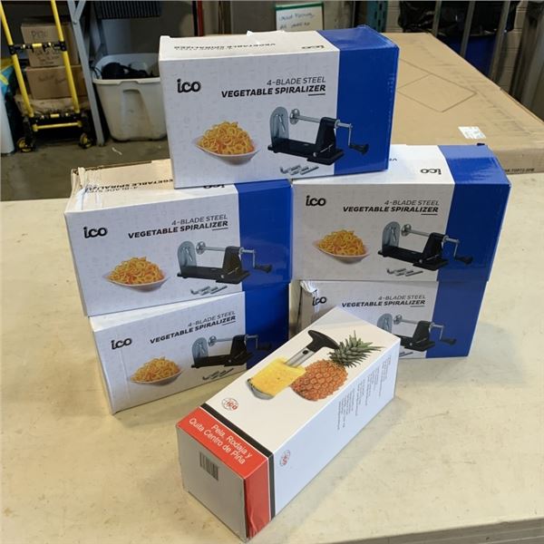 5 NEW ICO VEGETABLE STEEL BLADE SPIRIALIZERS AND PINEAPPLE PEELER