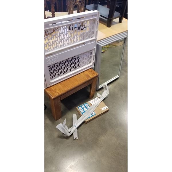3 NEW TOWEL BARS, BABY SAFETY GATE AND WHITE FRAMED MIRROR