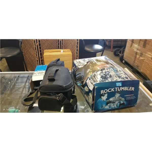 LOT OF CAMERAS, VIDEO CMERA , CAMERA LENS AND ROCK TUMBLER