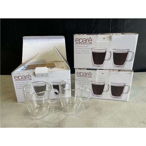 SET OF 6 NEW EPARE 12OZ COFFEE MUG SET, DUAL WALL INSULATED GLASS RETAIL $54 EACH, 3 SETS OF 2, TOTA