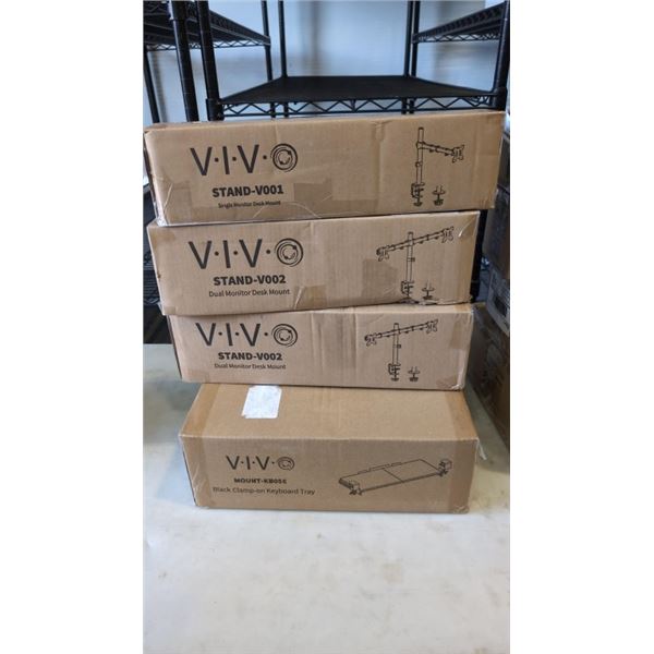 2 VIVO DUAL MONITOR DESK MOUNTS, SINGLE MONITOR DESK MOUNT, AND KEYBAORD TRAY