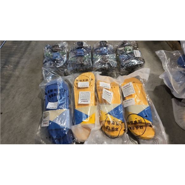 4 NEW PAIRS OF SLIPPERS/SANDALS AND 4 NEW 12 PACKS OF HAIR CLIPS