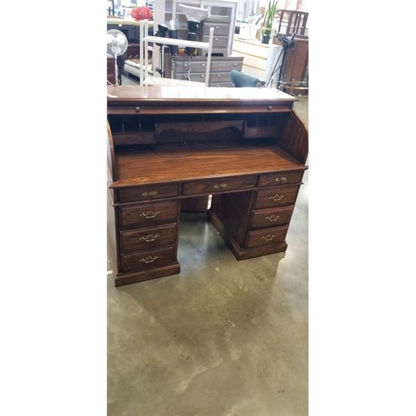 OAK ROLL TOP DESK, ORIGINAL BRASS HARDWARE, WITH KEYS