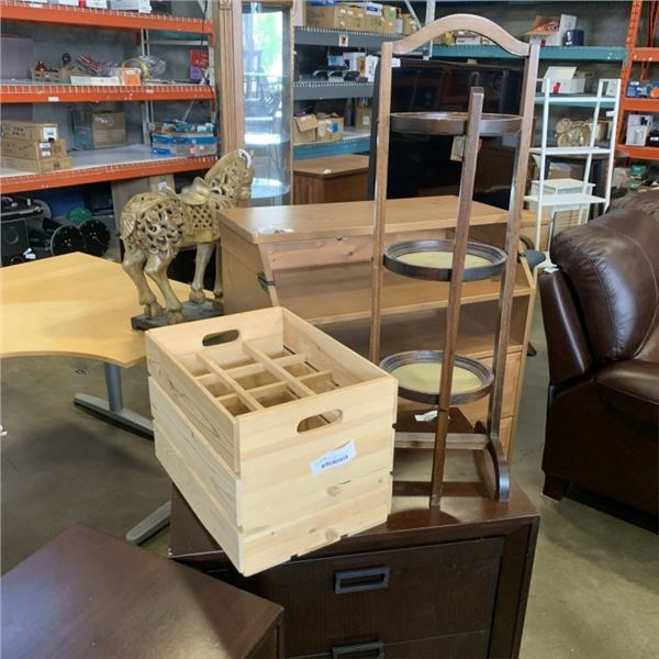 ANTIQUE FOLDING STAND WITH WOODEN CRATE