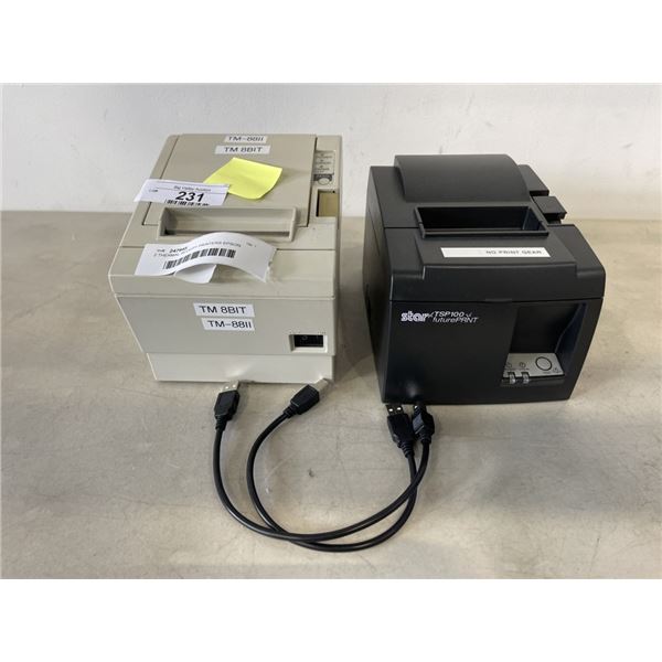 2 THERMAL RECEIPT PRINTERS EPSON TM-8811 AND STAR MODEL TSP100, NO POWER CABLES