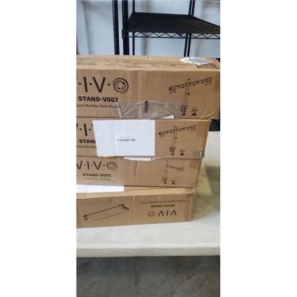 2 VIVO DUAL MONITOR DESK MOUNTS, SINGLE MONITOR DESK MOUNT, AND KEYBAORD TRAY