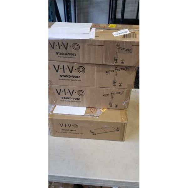 2 VIVO DUAL MONITOR DESK MOUNTS, SINGLE MONITOR DESK MOUNT, AND KEYBAORD TRAY