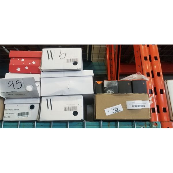 SIX NEW PAIRS OF WOMEN'S SHOES AND BOX OF ASSORTED NEW BLUE LIGHT GLASSES
