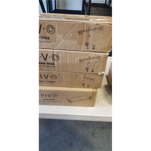 2 VIVO DUAL MONITOR DESK MOUNTS, SINGLE MONITOR DESK MOUNT, AND KEYBAORD TRAY