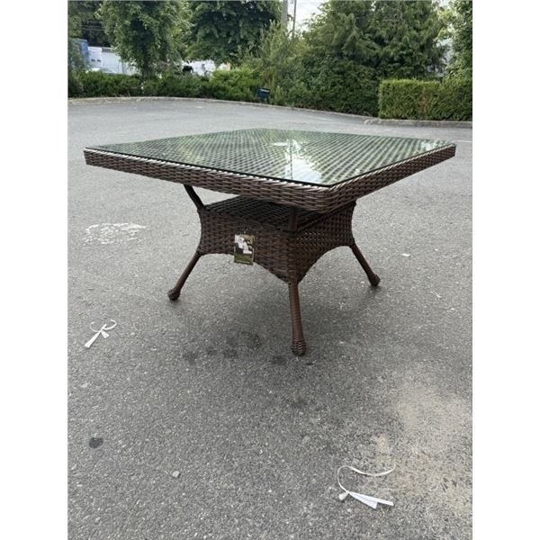 NEW RATANA 48 X 48 DARK BROWN OUTDOOR PATIO TABLE WITH TEMPERED GLASS TOP, RETAIL $599 USD 2 BOX LOT