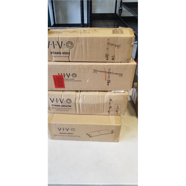 2 VIVO DUAL MONITOR DESK MOUNTS, SINGLE MONITOR DESK MOUNT, AND KEYBAORD TRAY