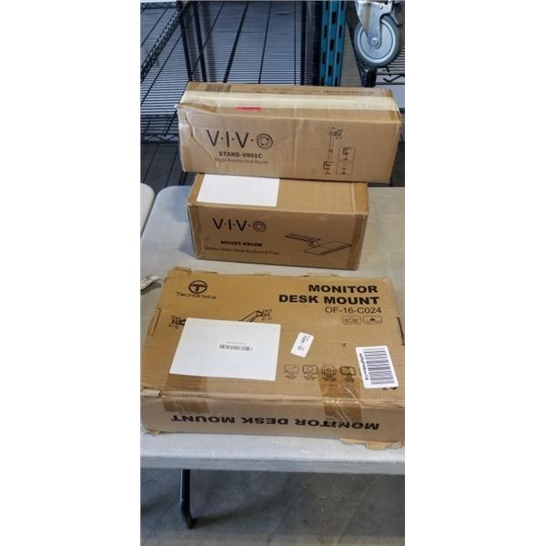 DUAL MONITOR DESK MOUNT, VIVO SINGLE MONITOR DESK MOUNT AND KEYBOARD TRAY