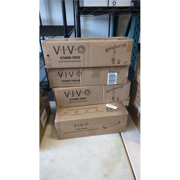 2 VIVO DUAL MONITOR DESK MOUNTS, SINGLE MONITOR DESK MOUNT, AND KEYBAORD TRAY
