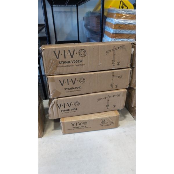 2 VIVO DUAL MONITOR DESK MOUNTS, SINGLE MONITOR DESK MOUNT, AND KEYBAORD TRAY