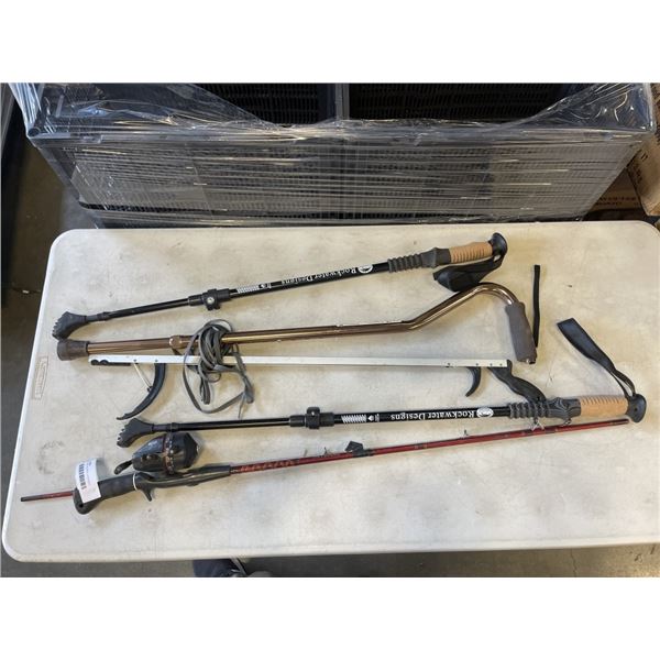 FISHING ROD AND REEL, 2 WALKING STICKJS, CANE AND GRABBER