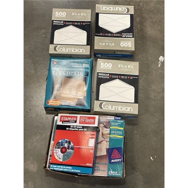 LOT OF CD LABELS, ENVELOPES, EMBOSSED NOTE CARDS ETC