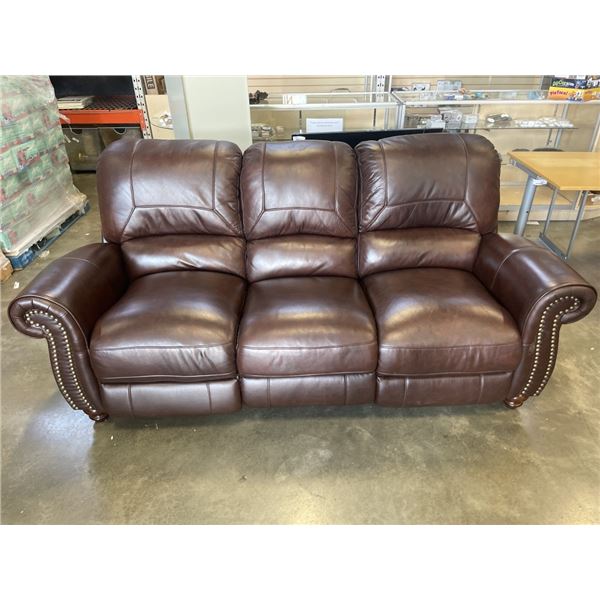 BROWN LEATHER DOUBLE RECLING SOFA WITH BRASS NAILHEAD ACCENT