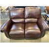 Image 1 : BROWN LEATHER DOUBLE RECLINING LOVESEAT WITH BRASS NAILHEAD